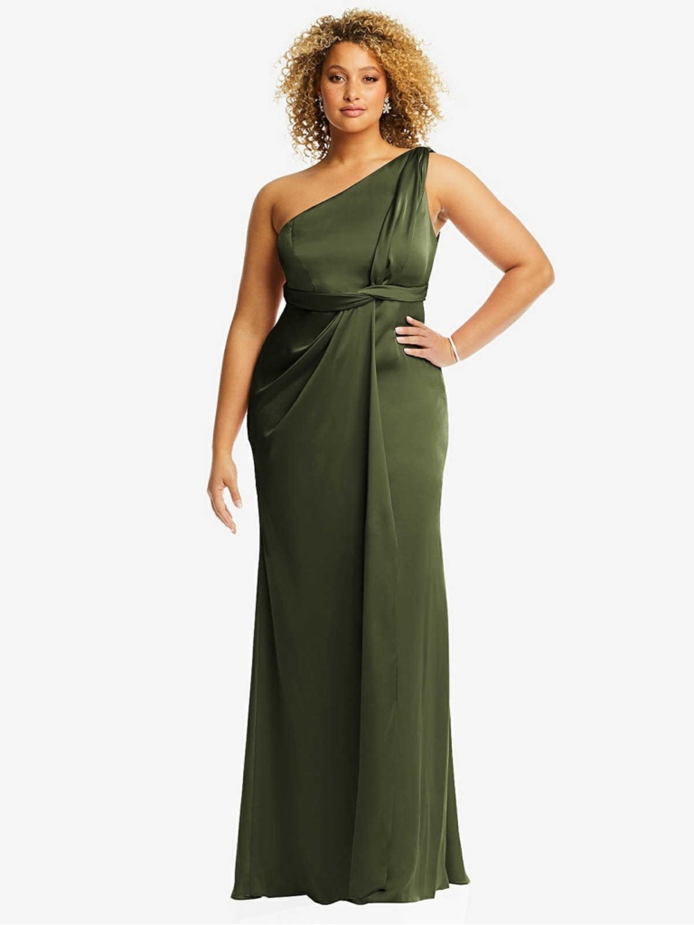 🆕 NWT Dessy Olive Green Bridesmaid Gown 3111 One Shoulder Draped Maxi Size 14R